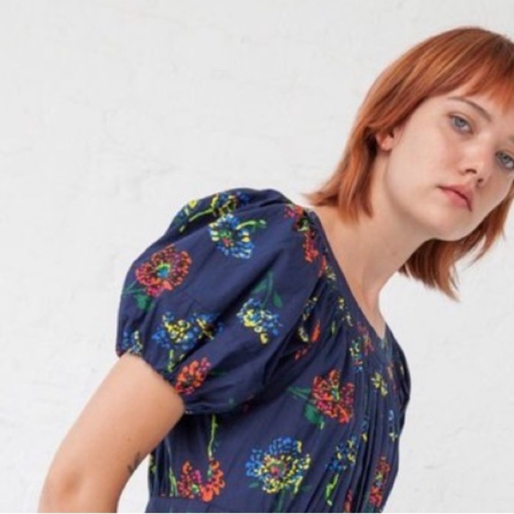 Ulla Johnson Celine Puff Sleeve Floral Blouse Midnight Navy Smocked Top 0 - Picture 2 of 5